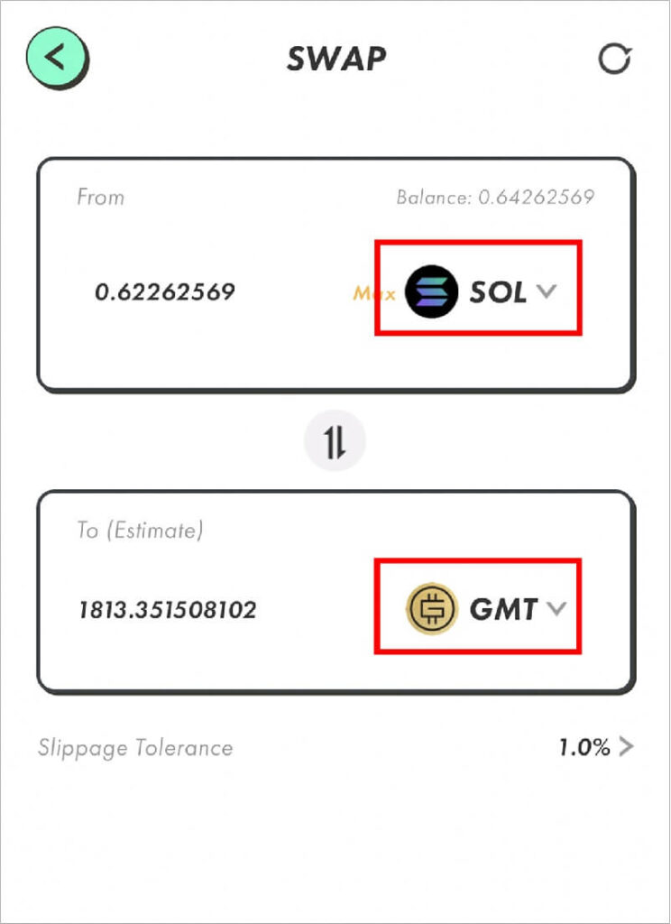 手順6：STEPNでSOLからGMTへ換金 6-2